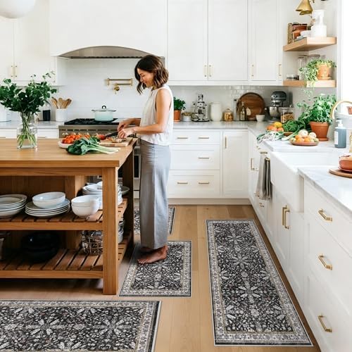 Kitchen Rug Sets 4-Piece with Runner – Washable Non-Slip Floor Mats for Sink, Entryway, Hallway, Bathroom – Soft Low-Pile Thin Boho Floral Rugs, New Home Decor (Black, 2x3+2x4+2x5+2x6)