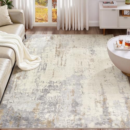 UERMEI 8x10 Washable Area Rug - Neutral Modern Abstract Living Room Rugs, Non-Slip Soft Large Indoor Floor Carpet for Bedroom Home Office & Under Dining Table Decor, Light Brown/Gray