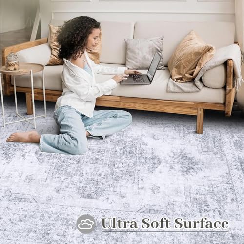 XLUEZ Area Rug 10x12 Living Room Rugs, Machine Washable Vintage Distressed Medallion Rug Non-Slip Soft Low Pile Large Indoor Rugs for Bedroom Kitchen Dining Room Office(Light Grey,10'x12')