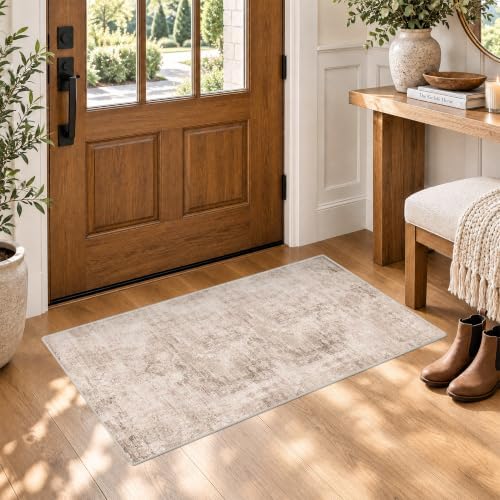 Light Brown 2x4 Runner Rug for Entryway Indoor, Kitchen Floor Waterproof, Bathroom, Powder Room, Washable Non Slip Low Pile Stain & Fade Resistant, Modern Eclectic Tan Décor, Distressed Design