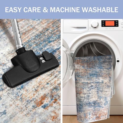 IOHOUZE Abstract Runner Rug 2x10 Ft Washable Runners for Hallways, Non Slip Kitchen Runner Printed Faux Wool Entryway Runner Indoor, Modern Abstract Floor Carpet for Hall Kitchen, Blue Rust