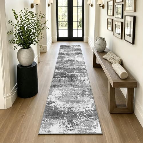 2x10 Hallway Runner Rug Non Slip Washable Grey Entryway Rug Runner with Rubber Backing 10ft Long Kitchen Carpet Runner for Laundry Room Bedroom, Low Pile Stain & Fade Resistant, Abstract Gray
