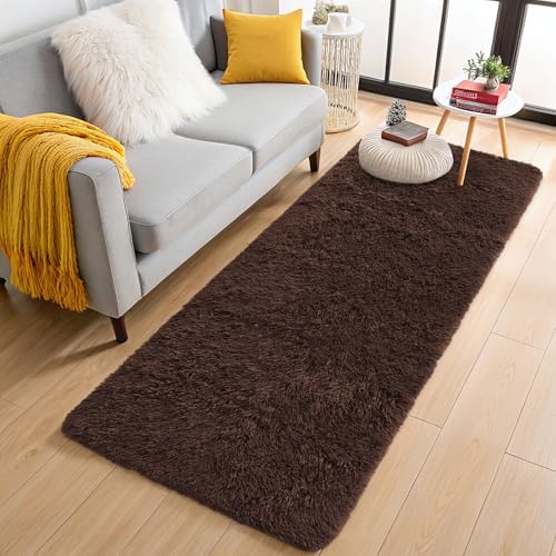 OLANLY 2x8 Machine Washable Runner Rugs for Hallway, Soft Fluffy Shaggy Bedside Rugs for Bedroom, Living Room, Indoor Floor Carpet for Kids Girls and Boys, Nursery Rooms, Home Decor Aesthetic, Coffee