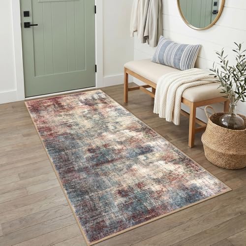 IOHOUZE Abstract Runner Rug 3x6 Ft Washable Runners for Hallways, Non Slip Kitchen Runner Printed Faux Wool Entryway Runner Indoor, Modern Abstract Floor Carpet for Hall Kitchen Bedroom, Red/Multi