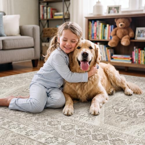 12x12 Square Area Rug Washable: Non Slip Living Room Floor Carpet Beige