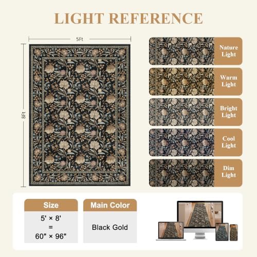 DUKINO 5x8 Area Rug, Vintage Floral Washable Rugs for Living Room, Black