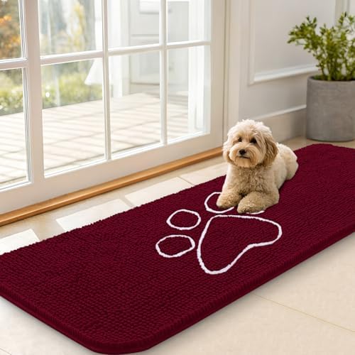OLANLY Dog Door Mat for Muddy Paws 70x35, Paw Print Design Chenille Mud Mat