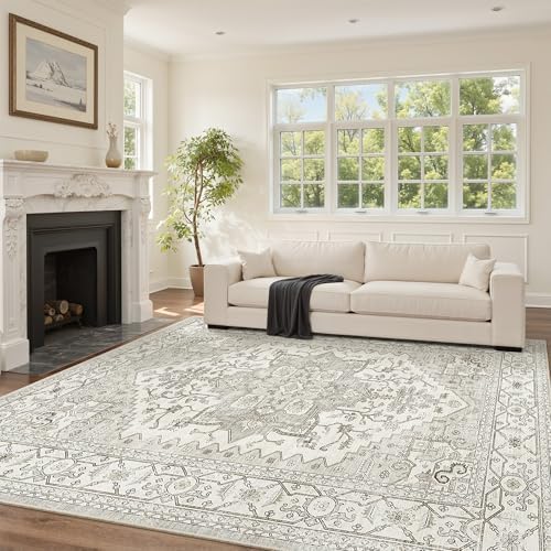 Washable Area Rugs for Living Room 9x12 Neutral Floral Large Soft Rug Beige