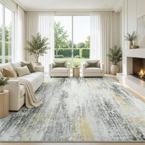 8x10 Area Rug for Living Room, Abstract Washable Non-Slip Rugs,Gold Ivory