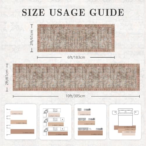 2x10 Hallway Runner Rug, Washable Vintage Retro Long Runner Rugs for Kitchen Laundry, Soft Ultra Thin Non Slip Low Pile Traditional Distressed Boho Carpet for Bedroom Bathroom, Rust Clay