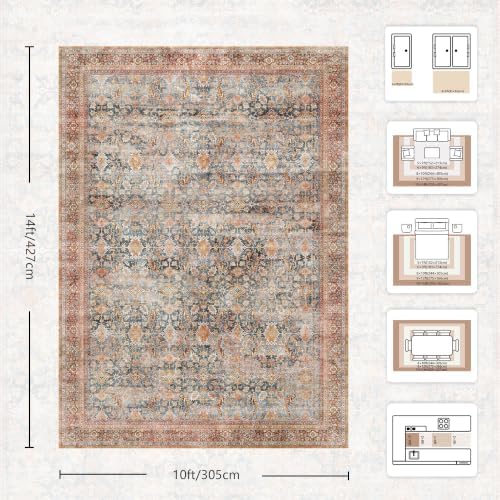 10x14 Area Rugs for Living Room - Washable Vintage Retro Large Rug, Soft Ultra Thin Non Slip Low Pile Traditional Distressed Boho Carpet for Bedroom Dining Room Home Office, Rust Clay