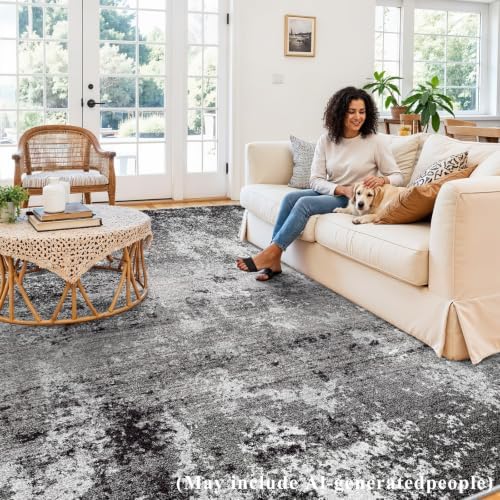 Washable Area Rug 9x12 Living Room – Neutral Modern Abstract Large Carpet for Bedroom Dining Room Office – Soft Non-Slip Low-Pile Thin Stain-Resistant Indoor Rugs （Black Grey,9x12）