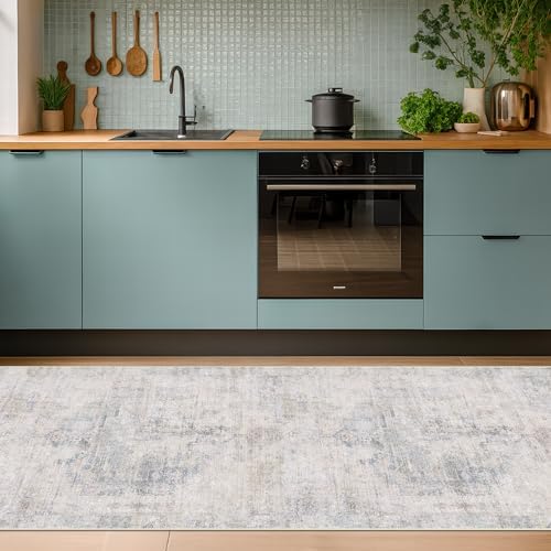 Hazo Haus Non Slip 10ft Long Hallway Runner Rug - Blue and Gray 2 x 10 Runner Rug, Washable & Waterproof 2x10 Kitchen Floor Mat - Modern Abstract Design Décor, Distressed Design