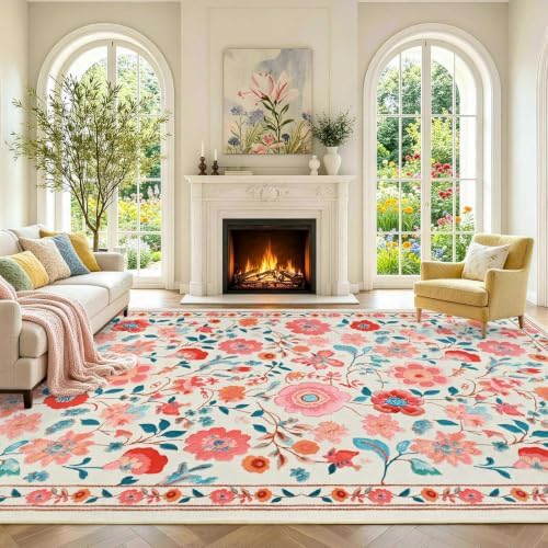 9x12 Ft Washable Area Rug for Living Room Beige Vintage Floral Carpet