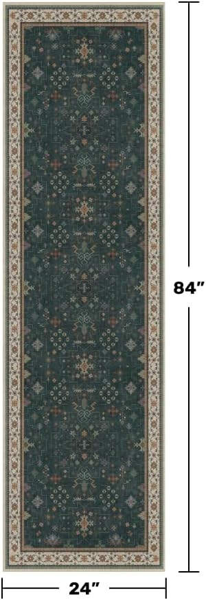 Hazo Haus Vintage 2x7 Washable Runner Rug Non Slip for Kitchen, Bathroom, Hallway - Low Pile Stain Resistant 7ft Long Runner Rugs - Victorian Eclectic Floral Pastel Home Decor (2x7 Dark Green)