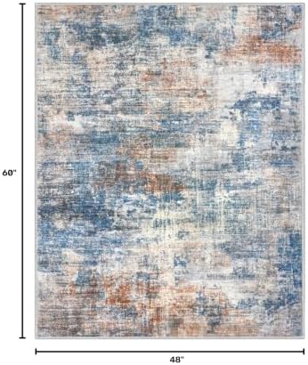 IOHOUZE Abstract Area Rug 4x5 Ft Washable Rugs for Entryway Indoor, Non Slip Small Living Room Rugs Printed Faux Wool Throw Rug, Floor Carpet for Kitchen Nursery Playroom, Blue Rust