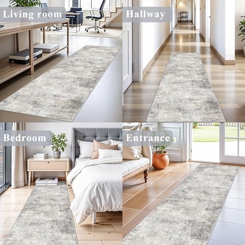 2x8 Washable Hallway Runner Rug – Non-Slip Modern Abstract Neutral Low-Pile Stain-Resistant Carpet Runner for Kitchen Entryway Bedroom Bathroom (Gray Beige,2x8)