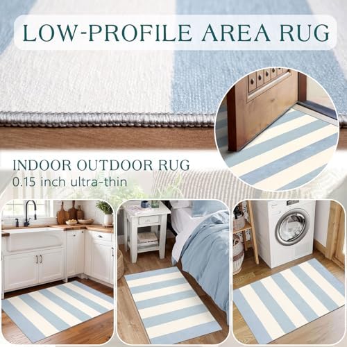 Front Door Mat Indoor Outside Entrance, 2x3 Blue White Striped Rug