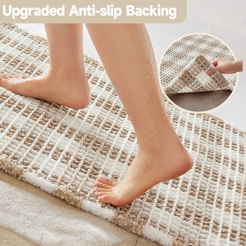 TYUU Waffle Runner Rug Bathroom, Long Boho Bath Mat, 60x24 Khaki & White