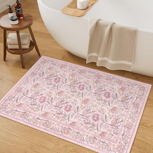 DUKINO 2x3 Rug, Washable Vintage Floral Bathroom Rugs Non Slip, Pink