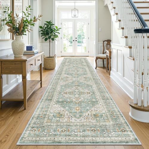 Washable Hallway Runner Rugs 2.5 x 8, Soft Kitchen Rug, Green Vintage Mat