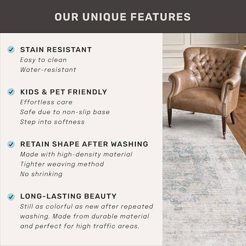Washable Light Blue Rugs for Entryway Indoor - 3x4 Throw Rug for Large Kitchen, Bedroom Bedside, Bathroom, Mudroom, Modern Abstract Medallion Décor, Non Slip Low Pile Fade Resistant, Distressed Design