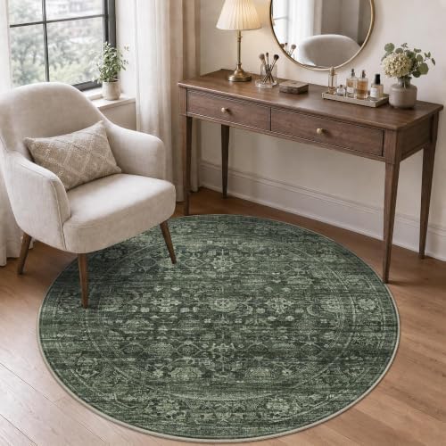 JOOJA 4x4 Dark Green Vintage Low Pile Washable Boho Small Round Kitchen Rug