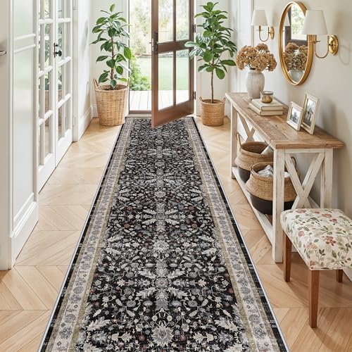 3x12 ft Long Hallway Runner Rug - Non-Slip Washable Soft Kitchen Rug with Rubber Backing,Boho Floral Low Pile Floor Carpet Runner for Entryway,Bedroom,Living Room（Black,3x12）