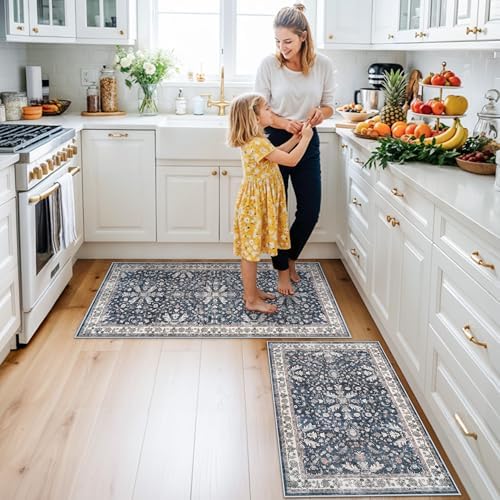 Kitchen Mats Set of 2 Washable Non-Slip – Soft Low Pile Boho Decorative Runner Rugs for Kitchen Floor, Sink & Stove, Kitchen Decor (Blue, 2x3+2x4)