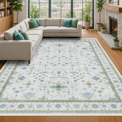 Hazo Haus Blue and Green Living Room Rug 7x10 - Cream Oushak Vintage Boho Floral Farmhouse, Washable Low Pile Non-Slip Extra Large Area Rugs for Bedroom, Kids, Lounge