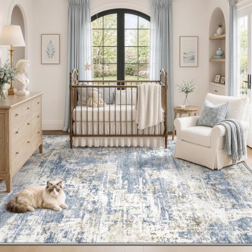 XLUEZ 5x7 Area Rugs for Living Room, Washable Modern Abstract Large Area Rug Neutral Soft Non Slip Kids Rug Stain Resistant Indoor Carpet for Bedroom Nursery Dining Room Playroom(Blue, 5'x7')