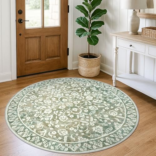 Vintage Washable Round Rug 5ft Circle Rug for Living Room,Entryway