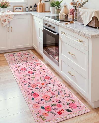 Macgace Floral Area Rug for Hallway, Washable 2x8 Pink Runner Rugs