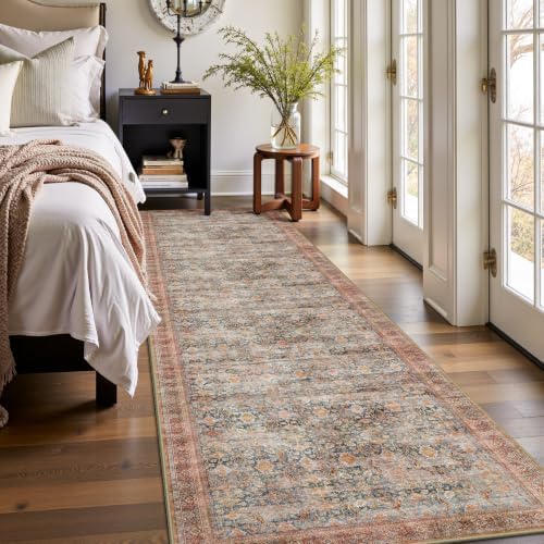 2x10 Hallway Runner Rug, Washable Vintage Retro Long Runner Rugs for Kitchen Laundry, Soft Ultra Thin Non Slip Low Pile Traditional Distressed Boho Carpet for Bedroom Bathroom, Rust Clay