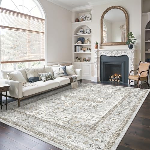 befbee 6x9 Washable Area Rug, Vintage Floral Non Slip Low Pile Carpet Blue