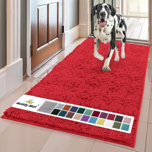Muddy Mat® | Super Water Absorbent Door Mat Indoor, Microfiber Quick Dry Chenille Entryway Rug, Slip Resistant Front Door Mat, Indoor Mats for Entryway, Machine Washable Pet Rug, Red 3ft x 8ft