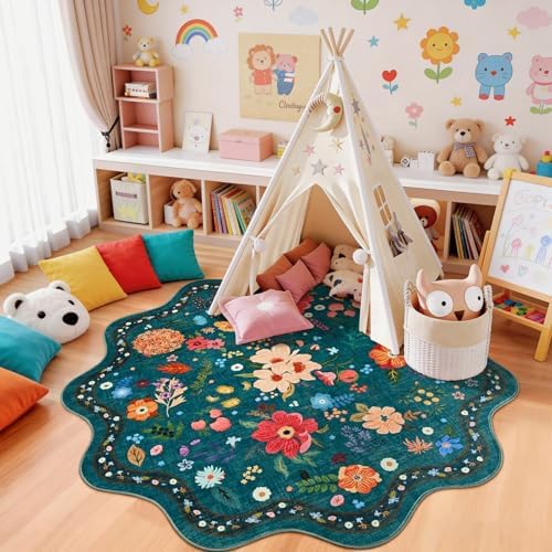 Macgace Floral Round Rug for Girls Bedroom, Washable 5ft Green Area Rugs