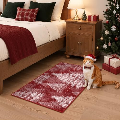 Madane Christmas Rug 2x3 for Entryway, Washable Xmas Tree Soft Door Mat Red
