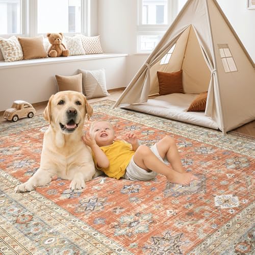 cotiled 9x12 Area Rug for Living Room, Washable, Traditional, Orange