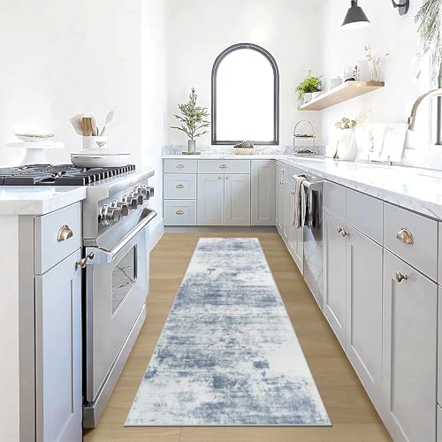 2'6''x8' Runner Rugs Washable Rug:Modern Abstract Hallway Blue White Carpet