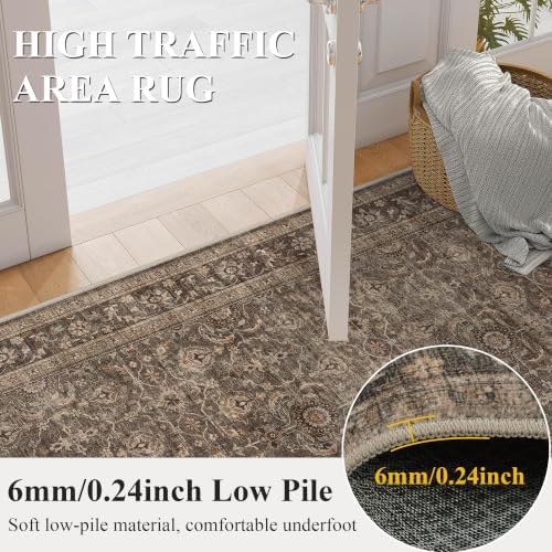 JOOJA 7x7 Dark Brown Vintage Low Pile Washable Boho Round Living Room Rug