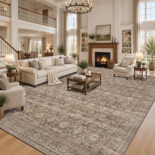 JOOJA 10x12 Neutral Tan Vintage Moody Non Slip Washable Boho Retro Area Rug