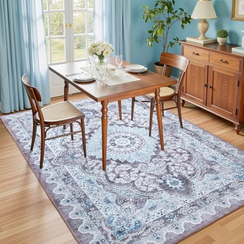 Macgace Washable Vintage Area Rug for Living Room, 5x7 Rugs Blue & Brown