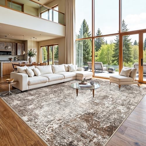 12x12 Square Living Room Rug – Modern Abstract Neutral Extra Large Washable Non-Slip Low-Pile Indoor Carpet for Bedroom, Dining Room, Playroom (Brown Beige,12x12)