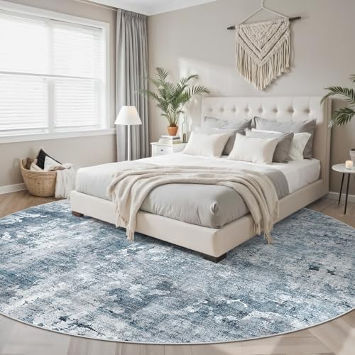 Soalmost Round Rugs 9ft Living Room Circle Area Rug 9x9 Blue/Grey Vintage