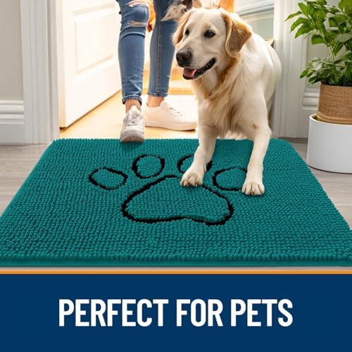 OLANLY Dog Door Mat for Muddy Paws 36x24, Paw Print Design Chenille Mud Mat