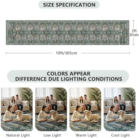 2x10 Hallway Runner Rug, Washable Vintage Retro Long Runner Rugs for Kitchen Laundry, Soft Ultra Thin Non Slip Low Pile Traditional Area Carpet for Bedroom Bathroom Indoor, Green