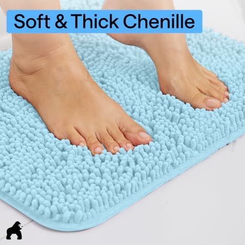 GORILLA GRIP Bath Rug Mat for Bathroom, Absorbent Chenille, 60x24 Sky Blue