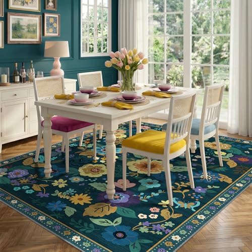 RELEANY Floral Washable 5x7 Area Rugs Teal/Purple
