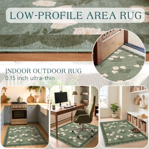 3x4 Floral Entry Rug - Small Washable Indoor Outdoor Mats for Front Door Non-Slip Spring Porch Rug Sage Green Farmhouse Throw Rugs for Living Room Bedroom Entryway Kitchen Office Porch Decor